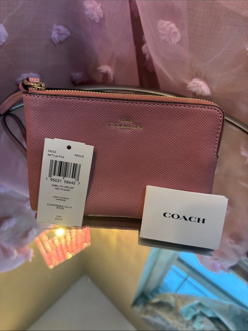 COACH True Pink Leather Wristlet with Gold Hardware